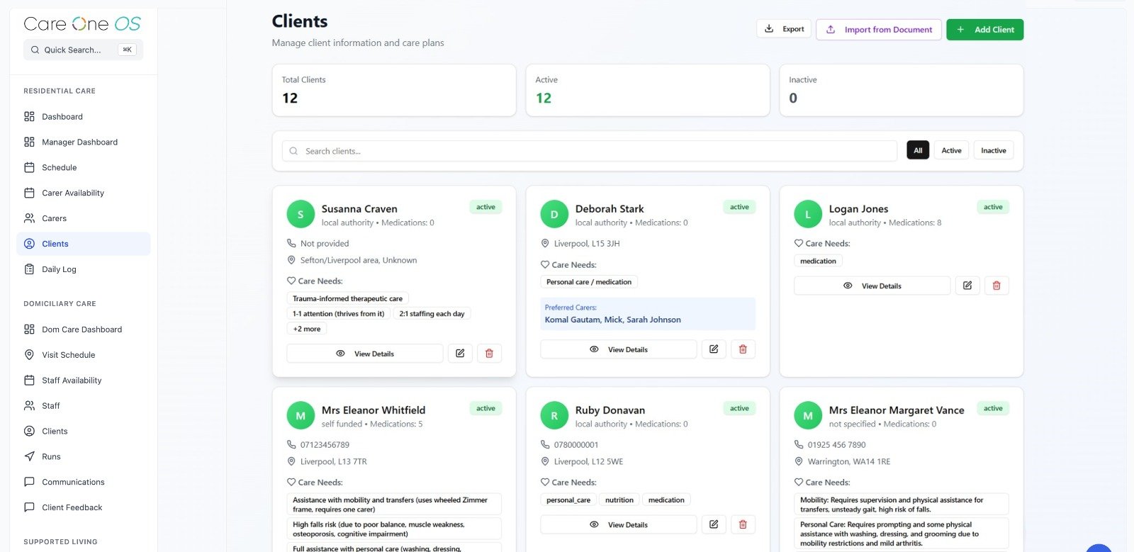 Care One OS — Clients management with care plans, medications, and allocated carers
